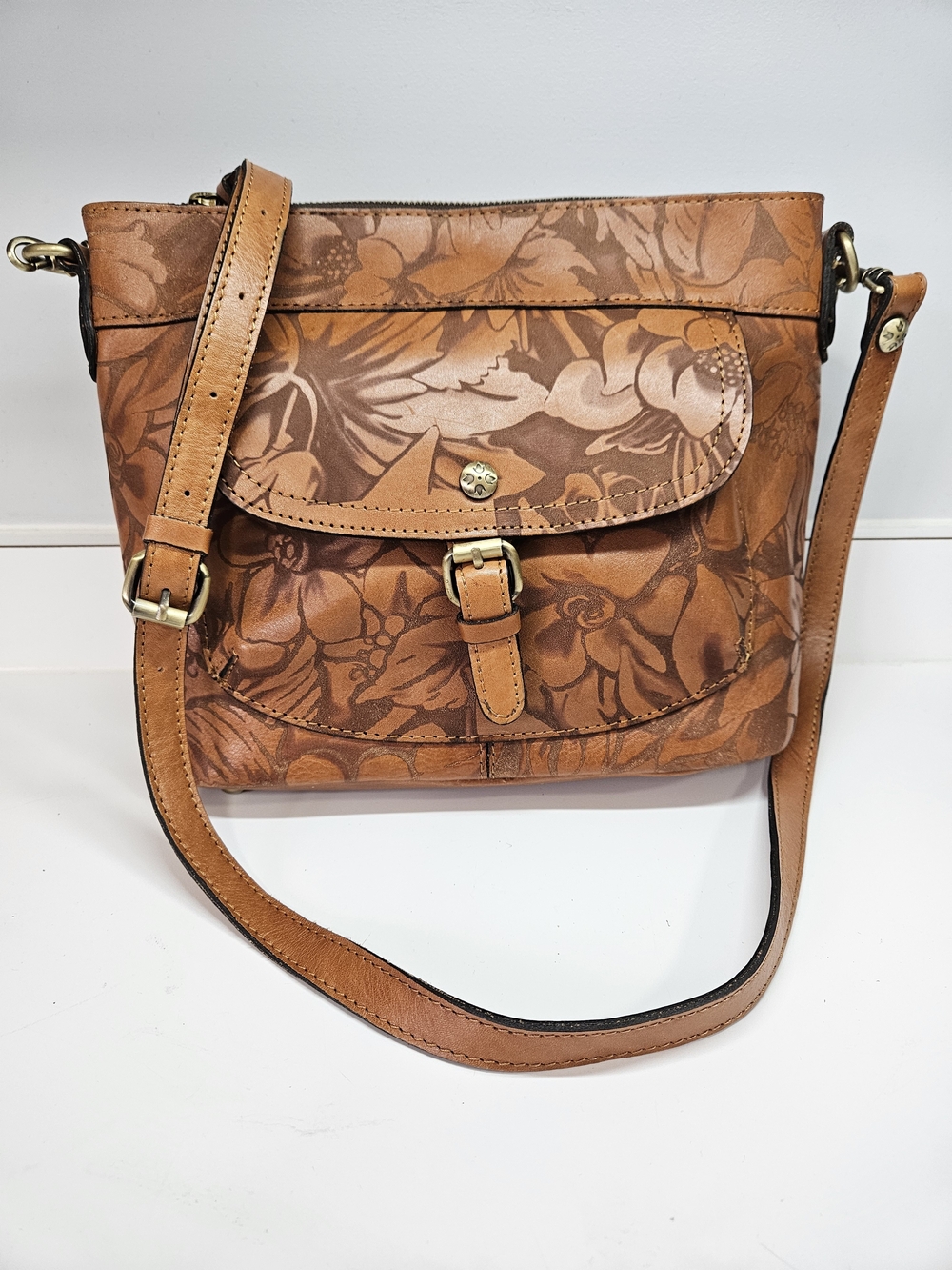 Patricia Nash Tuscania Etched Floral Brown Leather Crossbody Purse Bag